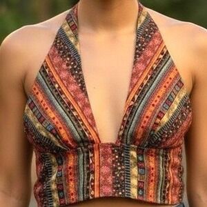 Boho Halter Crop Top S Multicolor Festival Hippie Free Spirit Wild Earthy